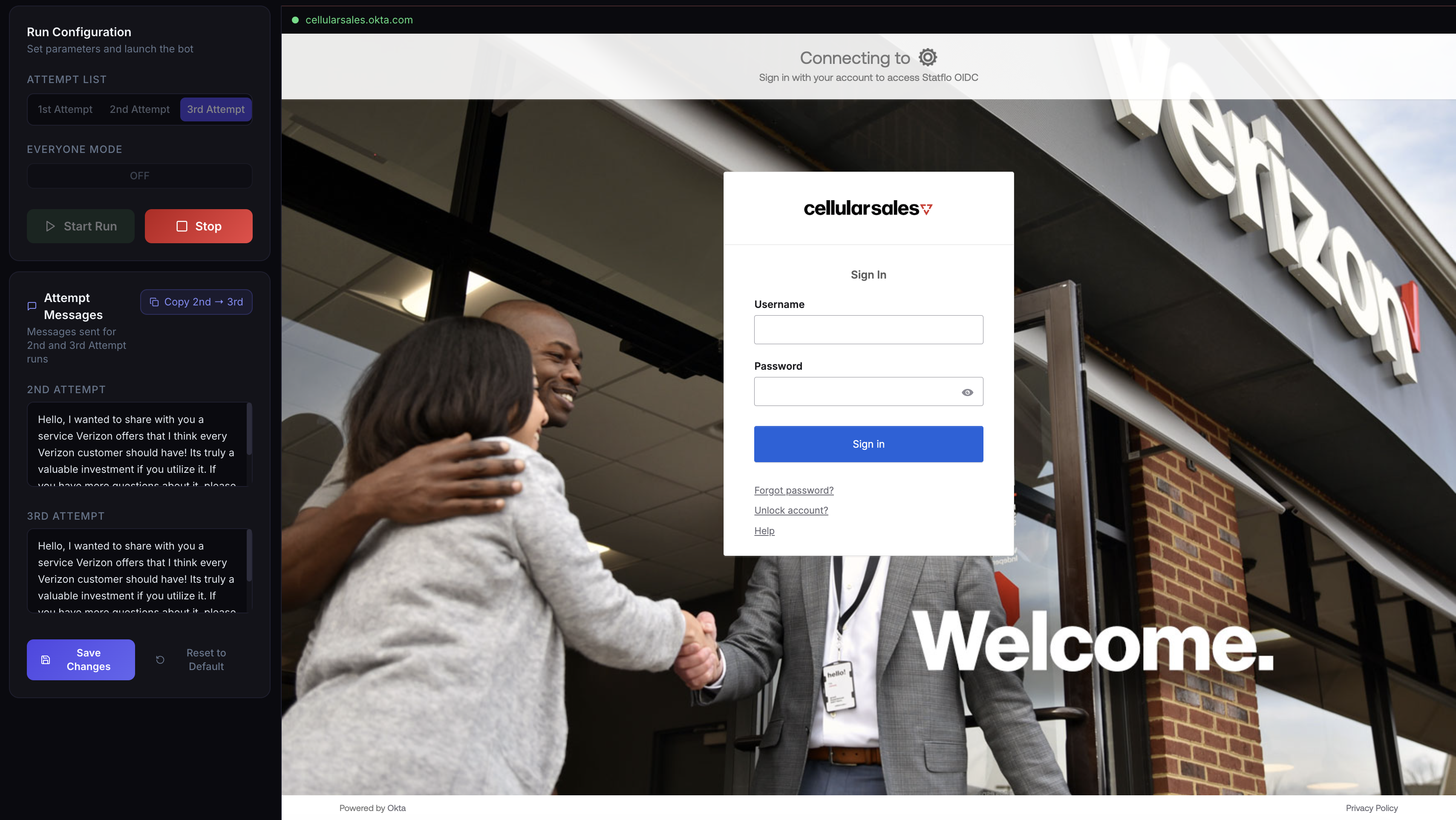 StatfloBot showing the embedded Statflo browser, run controls on the left, and live bot status